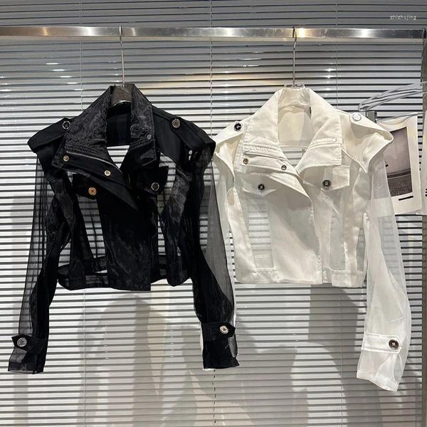 Chaquetas de mujer colección de verano 2023 Chaqueta corta de manga larga con diseño de malla transparente y hombros acolchados con protección solar para mujer GH740