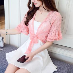 Damesjassen 2023 Zomer Elegante vrouwen Flare Sleeve kanten sjaal Capes Lady Bow Tie Wrap Bolero Accessoires Tops Sun Protection Coats 2113