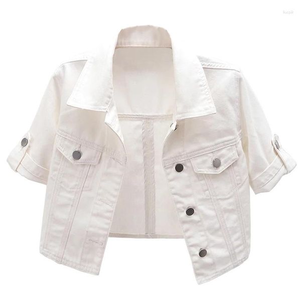 Vestes Femmes 2023 Été À Manches Courtes Blanc Denim Veste Femmes Simple Boutonnage Court Section Mince Jeans Manteau Femme Slim Tops Tide G1851