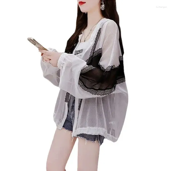 Chaquetas de mujer 2023 verano malla fina costura contraste color protector solar ropa mujeres coreanas suelta cremallera con capucha chaqueta femenina corta