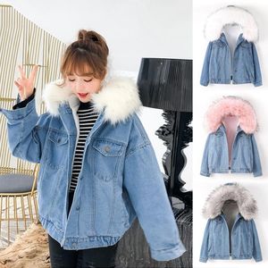 Vestes Femmes 2023 Épais Fausse Fourrure Collier Denim Veste Femmes Hiver À Capuchon Chaud Jean Étudiant Basique Court Parkas Femme Bomber Manteau