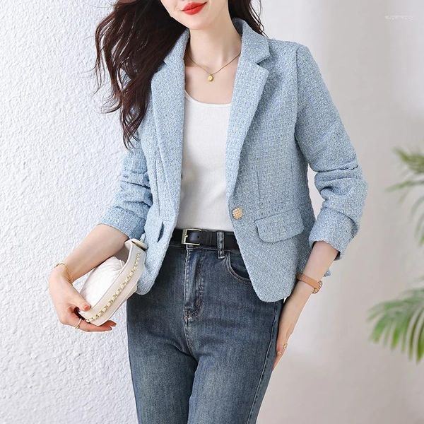 Vestes Femmes 2023 Tweed Blazers Costume Vêtements d'extérieur Manteaux d'automne à manches longues Tops Mode Femmes sur mesure Manteau Bleu Vêtements recadrés