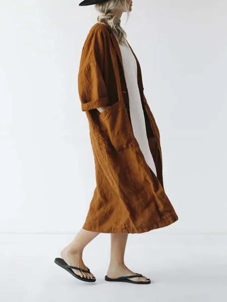 Vestes Femmes 2023 Vintage Solid Turndown Col Manteau Mode Femmes Long Cardigan Automne Manches Blouse Coton Lin Lâche Top Kimono