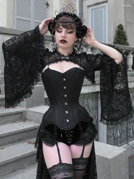 Chaquetas de mujer 2023 Weargothic Ver a través de Sexy Street Vintage Lace Overlays Mujer Moda Cosplay Encubrimientos Abrigo Black Fairy Grung