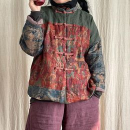 Vestes pour femmes 2023 hiver Art Style fait à la main femmes à manches longues rétro veste courte Patchwork coton et lin simple boutonnage rembourré