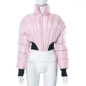 Vestes Femmes 2023 Hiver Recadrée Puffer Veste Femmes Parka Rose Patchwork Manches Longues Zip-Up Chaud Court Manteau Femme Bulle Matelassé