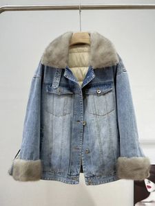 Vestes pour femmes 2023 hiver luxe femme naturel réel vison col de fourrure manteaux doublure veste en duvet d'oie Denim vêtements d'extérieur 231108