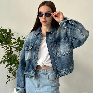 Vestes Femmes 2023 Femmes Denim Veste Automne Solide Col Rabattu Poche High Street Chic Superbe Mode Cool Tendance Élégant Luxe MX