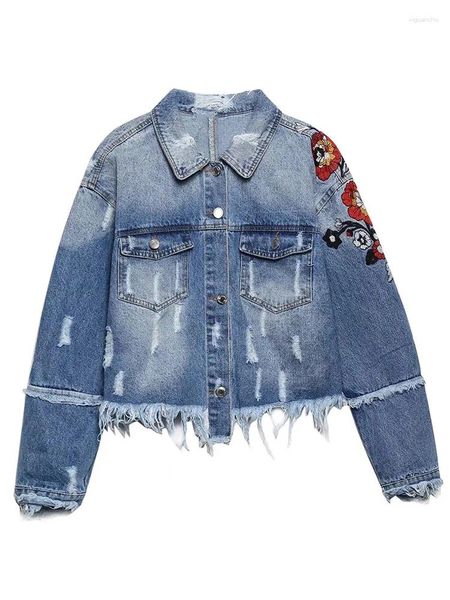 Chaquetas de mujer 2023 Moda para mujer Frayed Bordado Crop Denim Chaqueta Vintage Bolsillos Single Breasted Mujer Ropa exterior corta