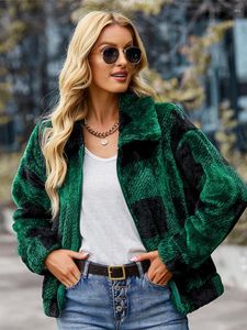 Damesjassen 2023 dames winter revers kraag lange mouw tops casual ritsjipper plaid fluweel fleece verdikt y2k kleren harajuku jas