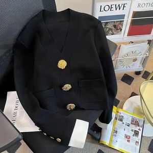 Chaquetas de mujer 2024 otoño elegante con cuello en v cardigan suéter para mujeres botones dorados manga larga prendas de punto tops vintage moda chic damas