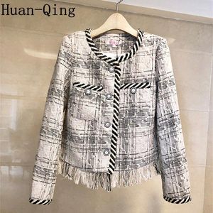 Damesjassen 2024 Autumn Winter Ladies Tweed Jacket jas vrouwen Tassel Casaco Vintage lange mouw met één borsten wollen bovenkleding