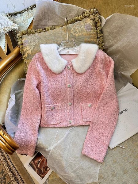 Chaquetas de mujer 2024 principios de primavera Navidad Miu estilo rosa collar de felpa suave conjunto de punto corto top de niña