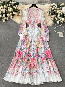 Vestes Femmes 2024 Mode Magnifique Fleur En Mousseline De Soie Voir À Travers Volants Dres Sexy Col V Profond À Manches Longues Imprimé Floral Boho Robe Robe 231205