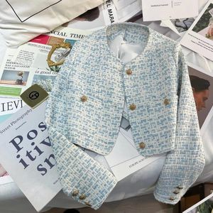 Vestes Femmes 2024 Français Bleu Tweed Veste Courte Femmes Petit Parfum O-Cou Poches À Manches Longues Printemps Coréen Mode Manteau Outwear