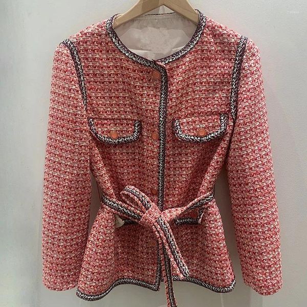 Chaquetas de mujer 2024 French Single M Inicio Primavera y verano Vintage Pequeña fragancia Tweed Check Crewneck Tie Cintura Chaqueta En stock