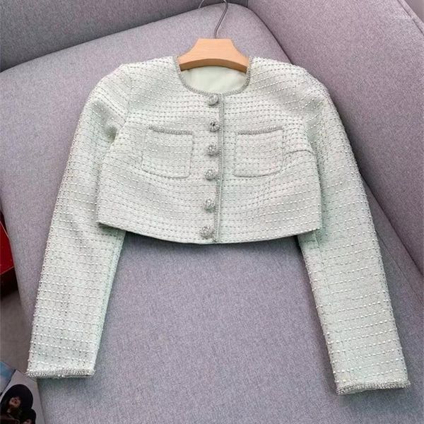 Chaquetas de mujer 2024 Primavera Llega la luz verde Tweed Mujeres Abrigo corto Manga completa Cuello redondo Chaqueta de un solo pecho con diamantes