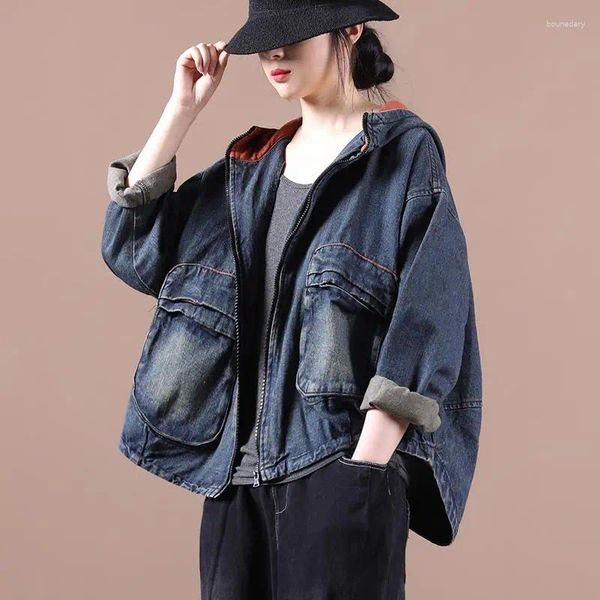 Vestes féminines 2024 Spring Autumn Arts Style Femmes à manches longues Jean à capuche Loose Veste Double poches denim Bourt manteau Femme Tide R571