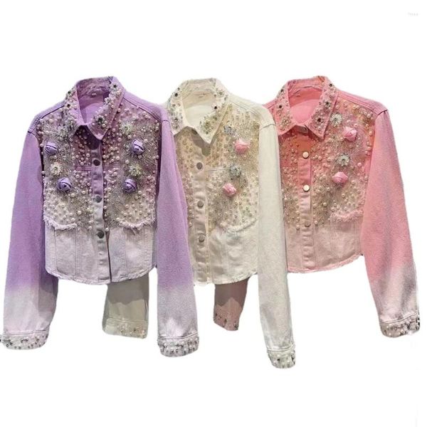 Chaquetas de mujer 2024 Primavera Otoño Denim Abrigo corto Diseño de flores de uñas Gradiente Retro Chaqueta de manga larga Top