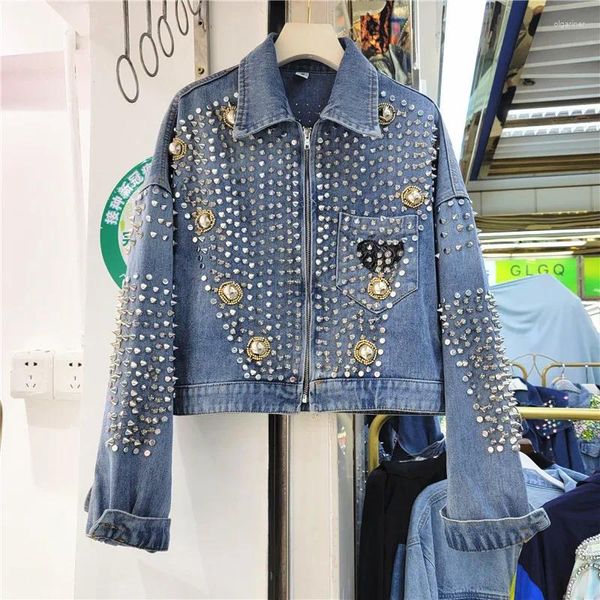 Chaquetas de mujer 2024 primavera otoño harajuku trabajo pesado remaches diamante azul chaqueta de mezclilla corta streetwear moda mujer suelta casual jeans