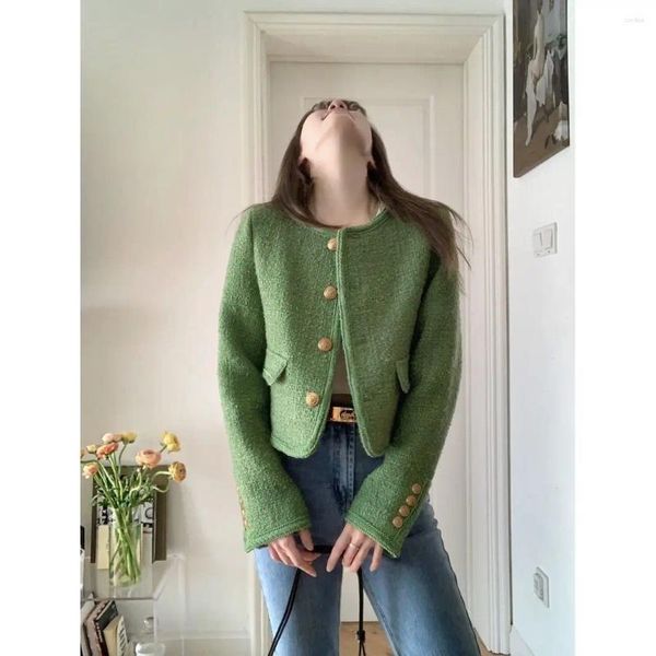 Vestes Femmes 2024 Printemps Automne Simple Boutonnage Court Tweed Manteaux Femmes À Manches Longues Vintage Vert Casual Femelle Survêtement C22