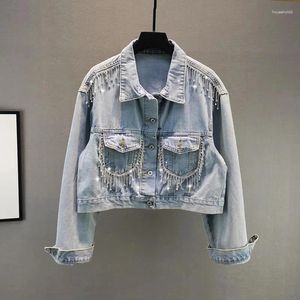 Vestes pour femmes 2024 printemps veste en jean coréen paillettes gland jeans manteaux robuste diamant industriel à manches courtes