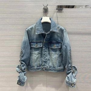 Vestes Femmes 2024 Printemps Mode Veste Femmes Revers À Manches Longues Chaînes En Métal Simple Poches Poches Vintage Lâche Denim Manteau