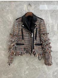 Damesjacks 2024 Spring Luxe mode Women Tassel Hoge kwaliteit PU Leather Patchwork Jacket Coat 2 Color Tutu