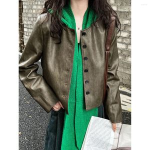 Damesjassen 2024 Spring pu lederen o-neck jas mode dames klassiek leger groene kleur femme streetwear tops kleren