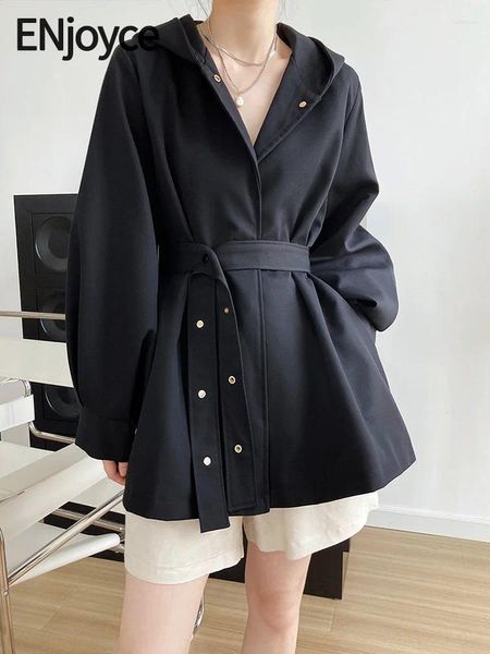 Vestes féminines 2024 Spring Femmes Sweat à capuche vintage avec ceinture attachée à la taille Corée coagère de mode pour femmes
