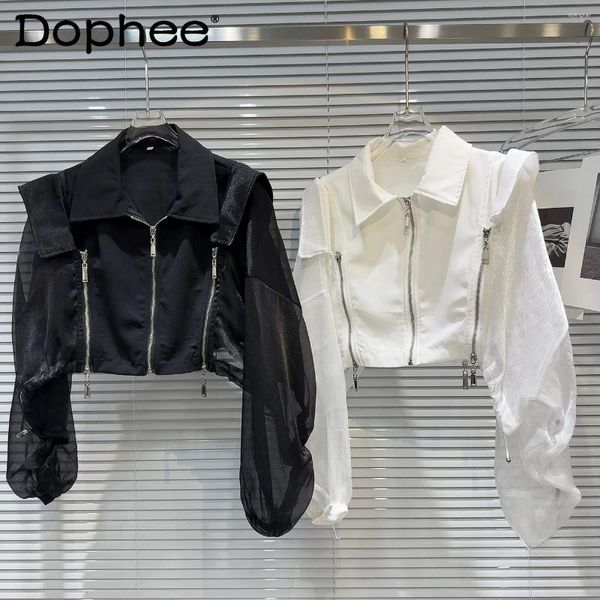 Vestes féminines 2024 Niche d'été Metal Zipper Design Mesh Stitching Stillage Paver Bouloir CHEAU pour femme Blanc de rue Street