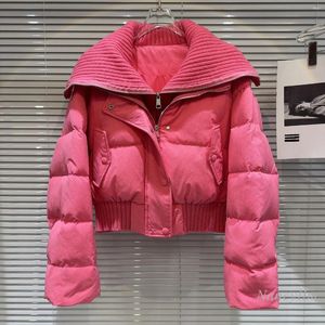 Damesjacks 2024 Winter Rose Pink Coat vrouwen gebreide kraag dubbele ritssluiting Warm Down Liner Jacket voor