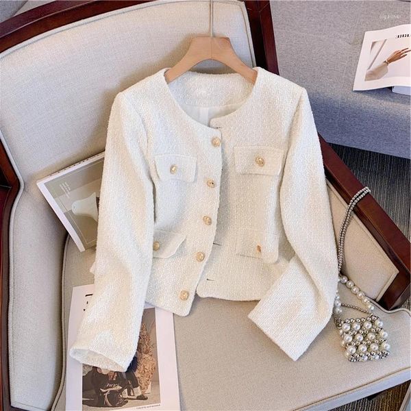 Vestes Femmes 2024 Femmes Mode Simple Boutonnage Solide Tweed Manteau Vintage Manches Longues O-Cou Femelle Survêtement Chic Top