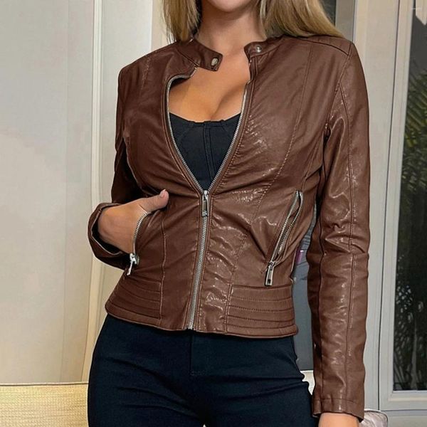 Chaquetas de mujer 2024 Mujeres Chaqueta de cuero de imitación Slim Fit Moto Bike Coat PU Zip Up Outwear Otoño Invierno Punk Motocicleta Chaquetas