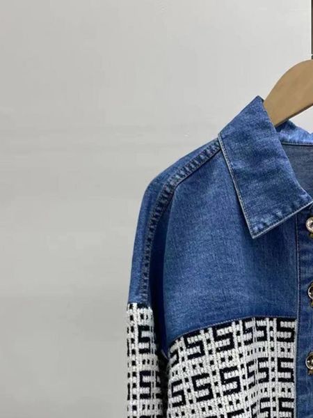 Vestes Femmes 2024 Femmes Lettres Patchwork Denim Veste Début Printemps Mode Dames Basic Simple Casual Simple Boutonnage Tweed Manteau Court