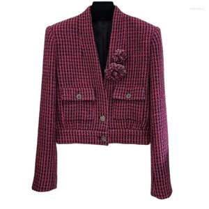 Chaquetas de mujer 23Autumn Winter Rose Red Tweed Chaqueta Moda Single Breatsed V-cuello Flor Diseñador Corto Slim Coat Mujeres Ropa elegante