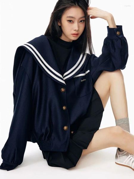 Chaquetas de mujer ADAgirl Uniforme Sailor Collar Chaqueta Mujeres Vintage Manga larga Abrigo de gran tamaño Estilo Preppy Lujo Viejo Dinero Estética