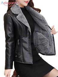 Damesjassen Aelegantmis Herfst Winter Warm Nepbontjas Dames Leren jas Dames Slank Moto Biker Basic Jassen Pluche Casual Bovenkleding 231010