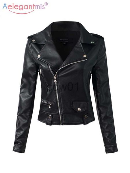 Chaquetas de mujer Aelegantmis Casual PU Chaqueta de cuero Mujer Cremallera clásica Chaquetas cortas de motocicleta Dama Otoño Invierno Abrigo de cuero básico Negro J230726