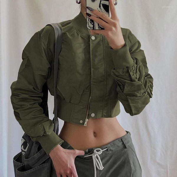 Vestes pour femmes américain militaire vert veste femmes 2023 automne Style couleur unie ouvert nombril mince Cardigan fermeture éclair Blouse