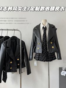 Vestes pour femmes veste en cuir rétro américain en V en V double poitrine vintage Coats de luxe High Street Black Ourwear Korean Tide Automne