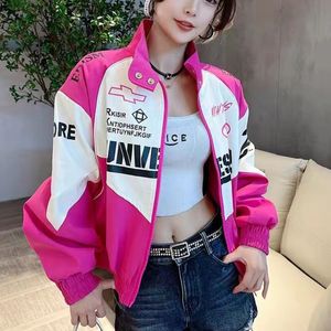 Vestes pour femmes American Retro Pink Patchwork Racer Jacket Pour Femmes Y2k Zipper Loose Oversize Fitting Casual Bomber Jacket Coat 230721