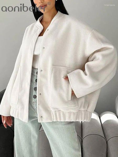 Chaquetas de mujer Aonibeier Oversize Mujeres Bomber Chaqueta 2023 Invierno Botones de manga larga Bolsillos grandes Abrigo suelto Mujer Top Negro Blanco