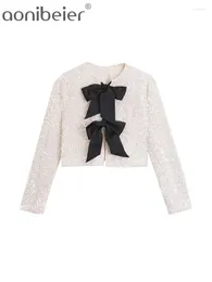 Jackets para mujeres aonibeier y2k lentejuelas brillantes para mujeres Traf 2024 Patchwork de primavera Bow back cárdigan de manga larga chaqueta de fiesta femenina