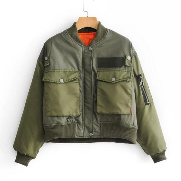 Vestes pour femmes Army Green Bomber Flight Jacket Recadrée Manteau décontracté Grande poche Mode Classique Manches longues 230815