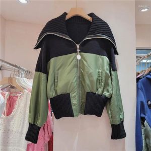 Chaquetas de mujer Ejército-Verde Punto Empalme Contraste Color Béisbol Uniforme Chaqueta Otoño Mujeres Casual Cuello marino Manga larga Bombardero femenino