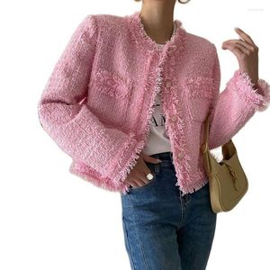 Damesjassen Collectie Herfst Lente Roze Zoet Luxe Tweed Kettingontwerp Jas Wollen damesjassen Elegant Slank Causaal Bovenkleding