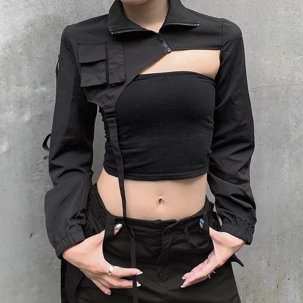 Chaquetas de mujer Chaqueta de trabajo con solapa de diseño asimétrico para mujer con cárdigan con cremallera estilo negro oscuro de manga larga
