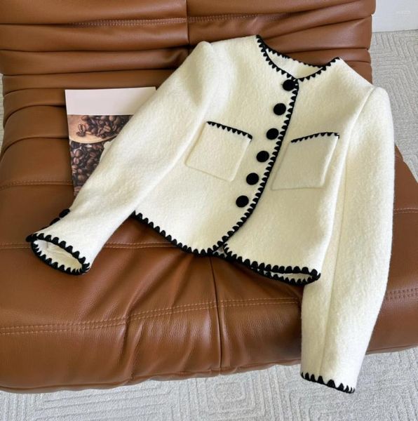 Chaquetas de mujer Otoño e Invierno abrigo de lana con borde bordado de Color contrastante muy delicado y elegante con tela gruesa