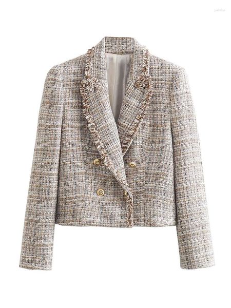 Vestes pour femmes automne et hiver veste Double boutonnage Tweed carreaux Blazer manteau Vintage à manches longues poches vêtements de dessus pour femmes